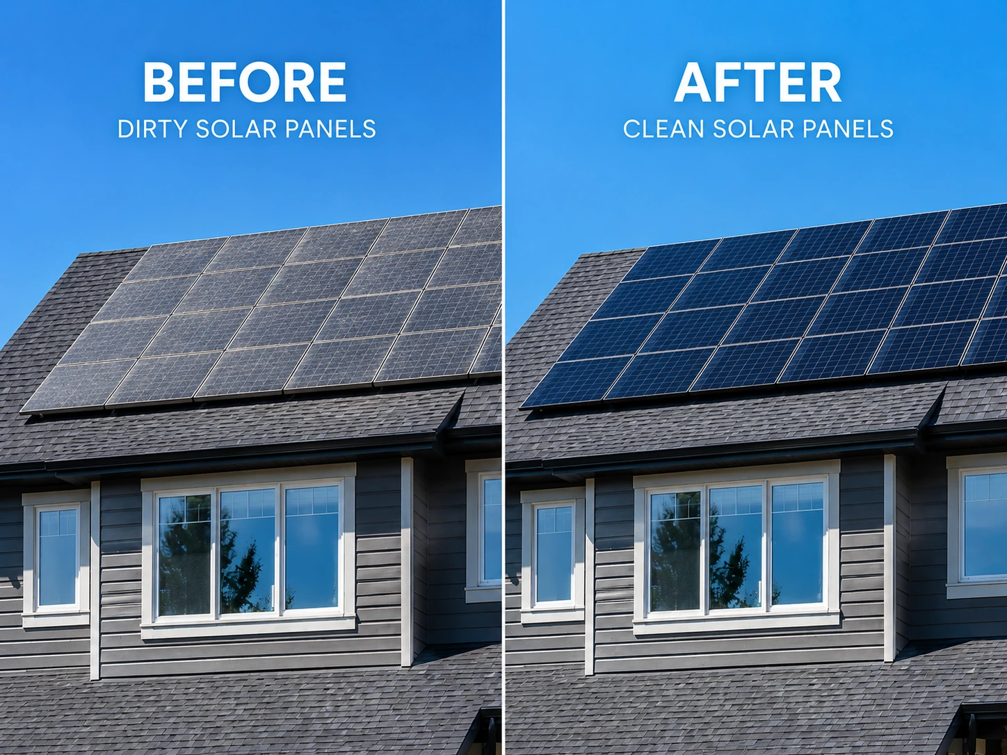 Before and after comparison of solar panel cleaning results