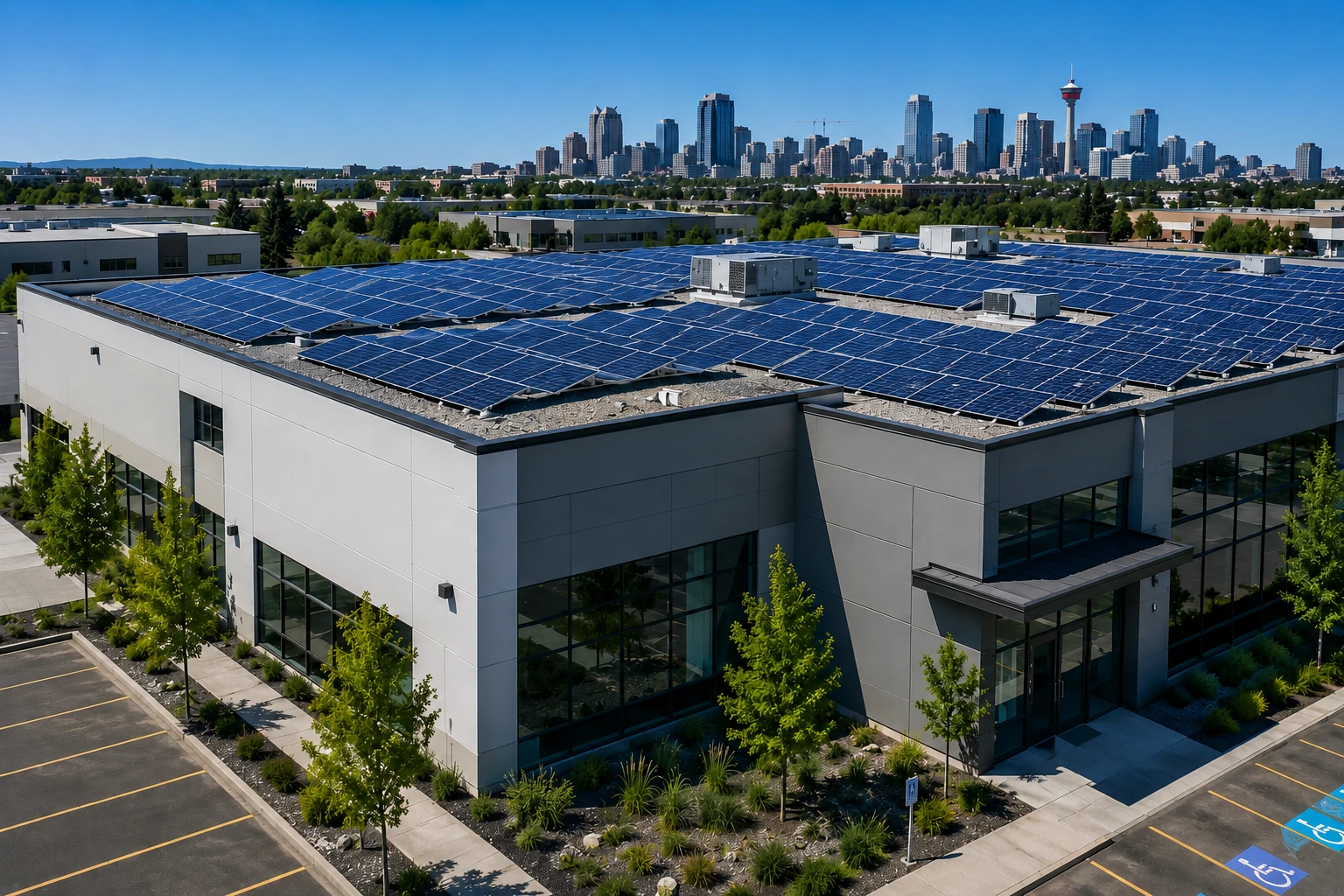 Commercial building with solar panels on the roof