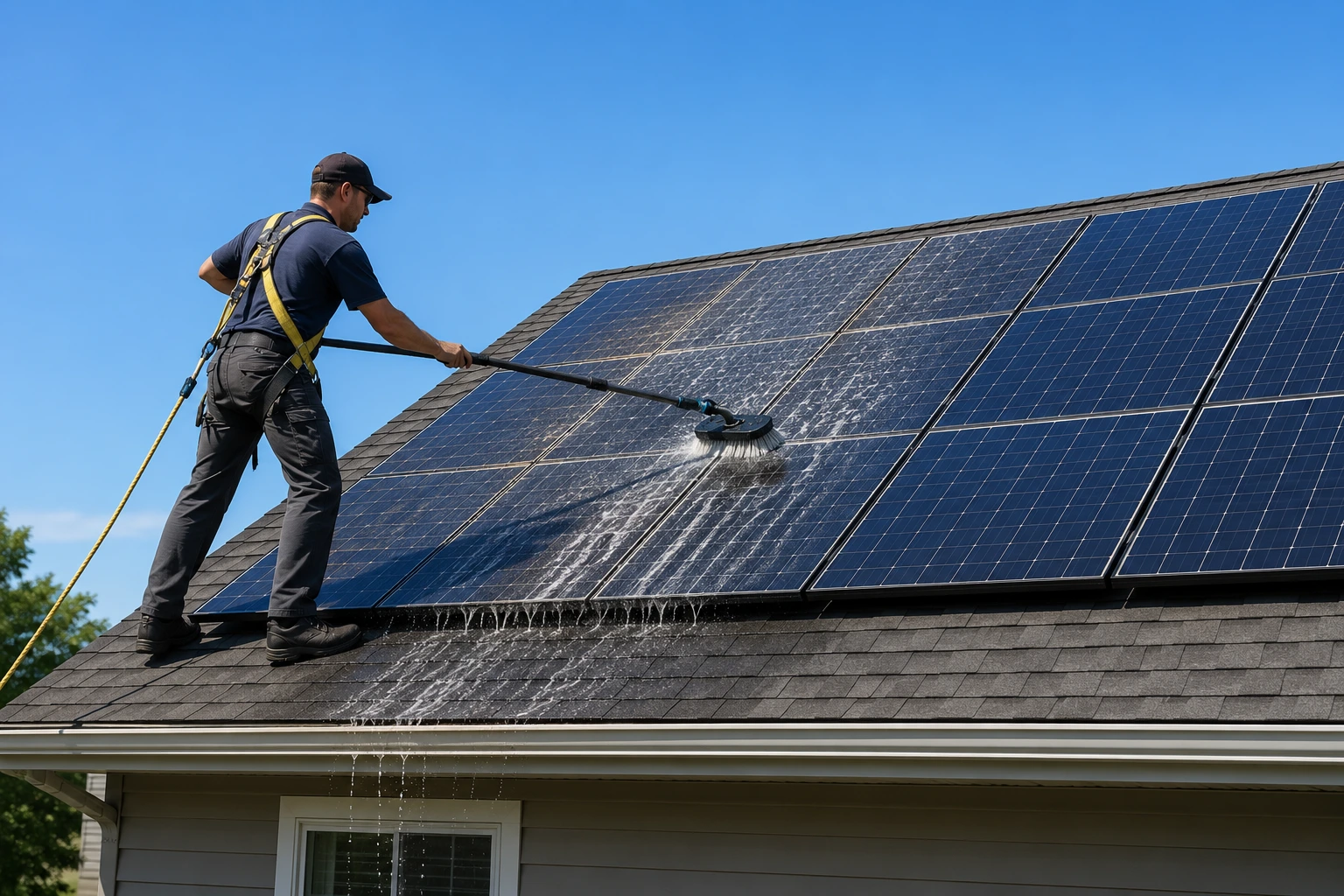 Residential roof solar panels being cleaned