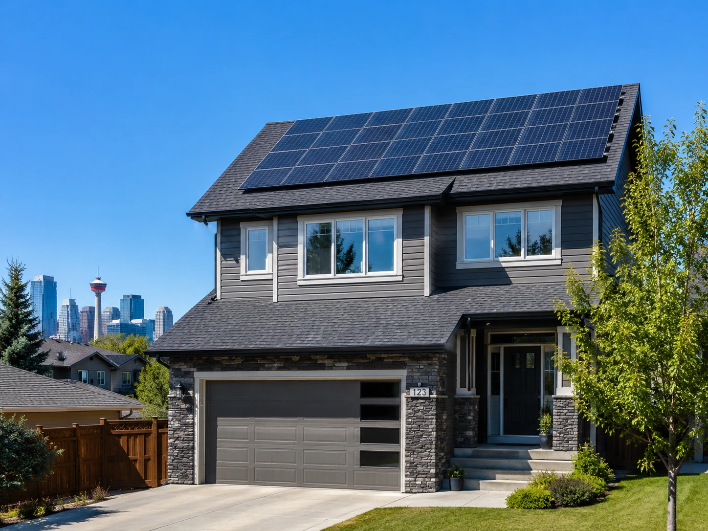 Solar panels on a Calgary home under a clear sky