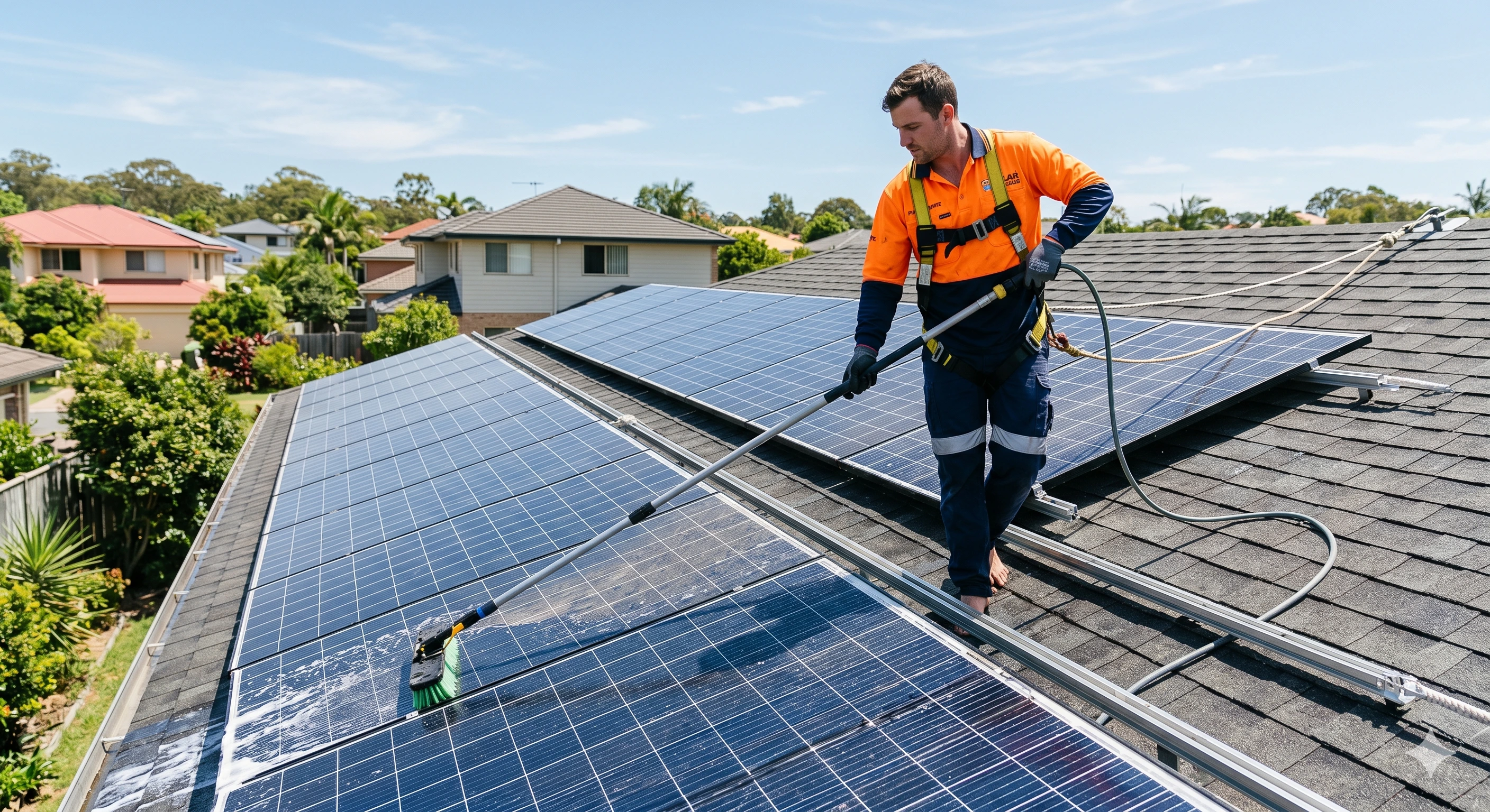 Technician cleaning roof-mounted solar panels