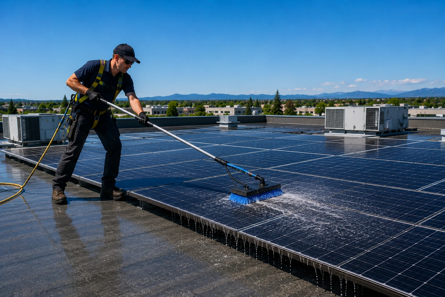 Water-fed brush system cleaning solar panels